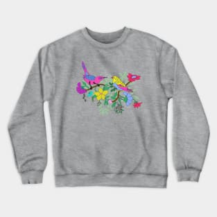 Tropical Colorful Birds Branches Flowers Crewneck Sweatshirt